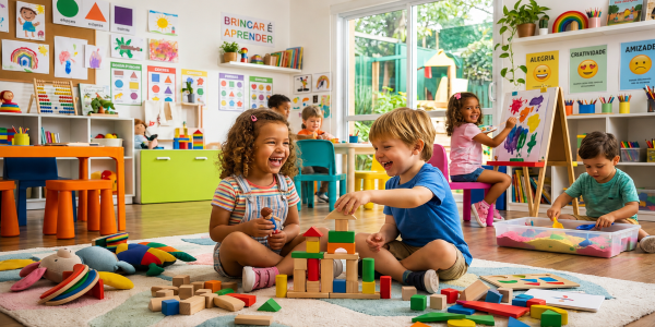 Educação Infantil: crianças brincando e aprendendo de forma lúdica, destacando a importância do brincar para o desenvolvimento infantil.